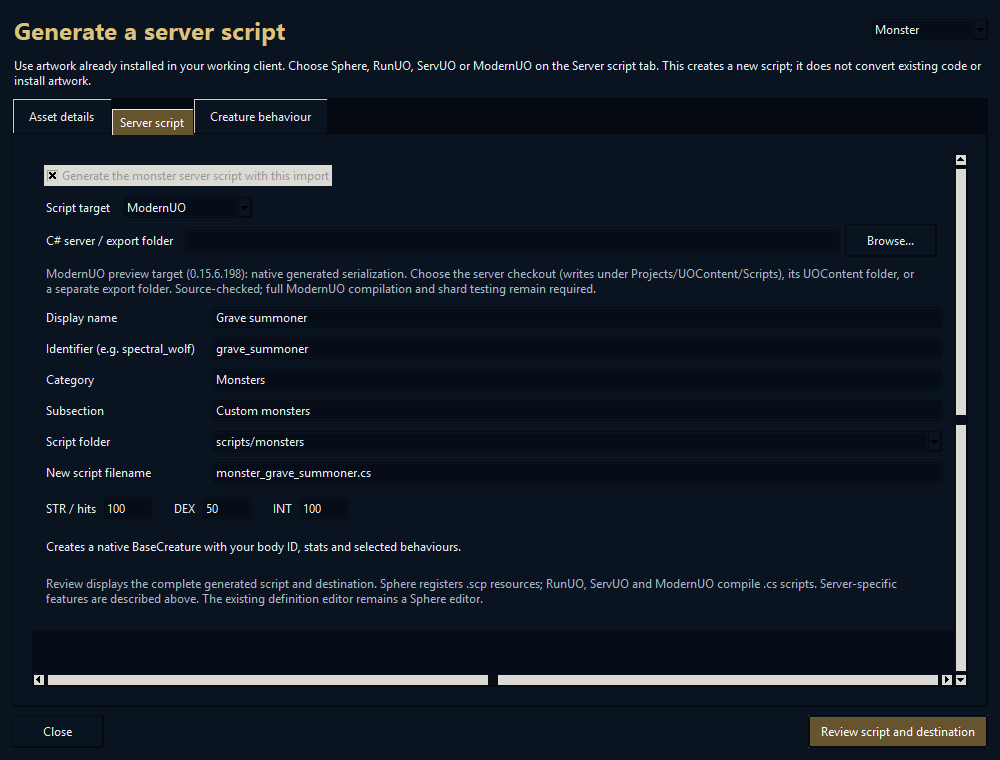 ModernUO preview script target and destination settings