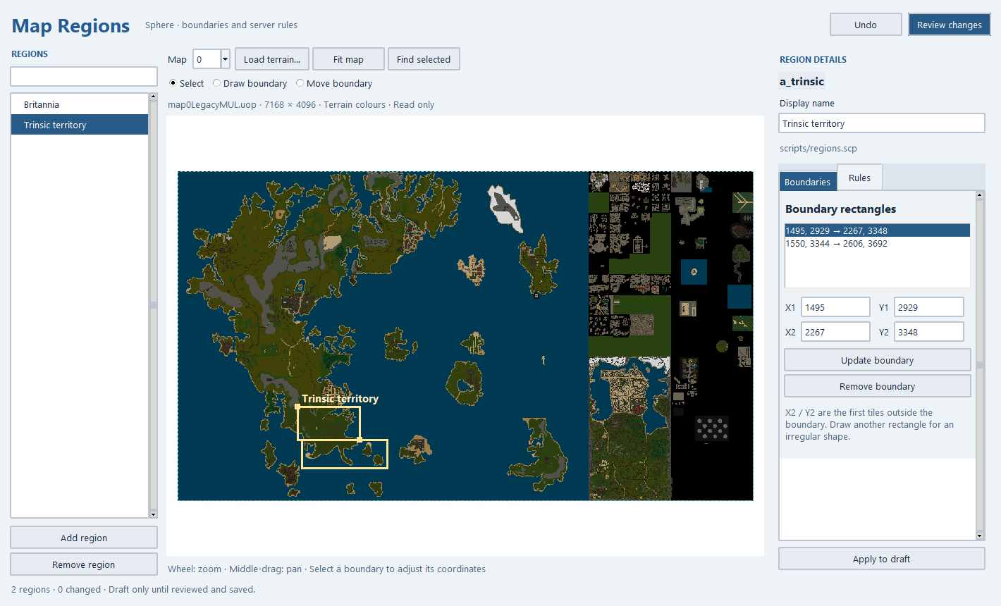 Sphere map regions with guarded, spell and recall rules