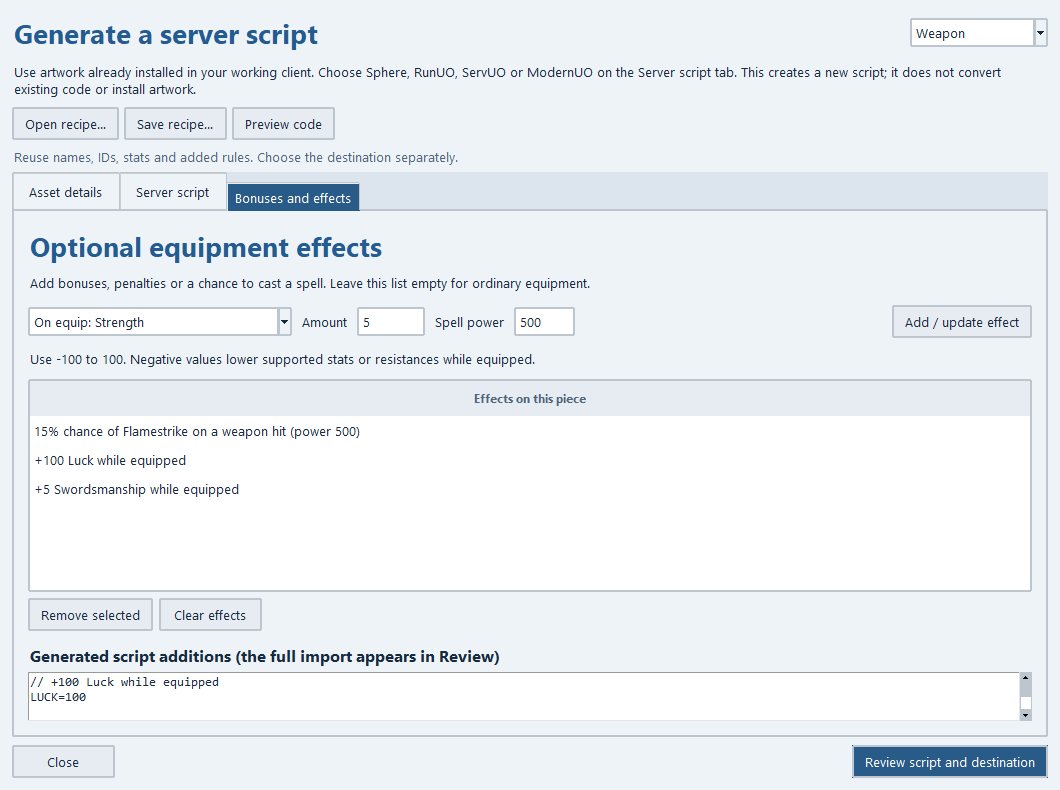 Script recipes and equipment effects