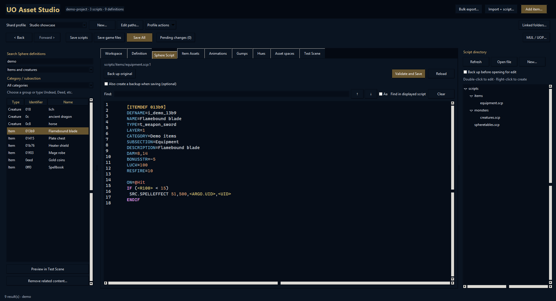 Sphere definition editor showing generated weapon hit script