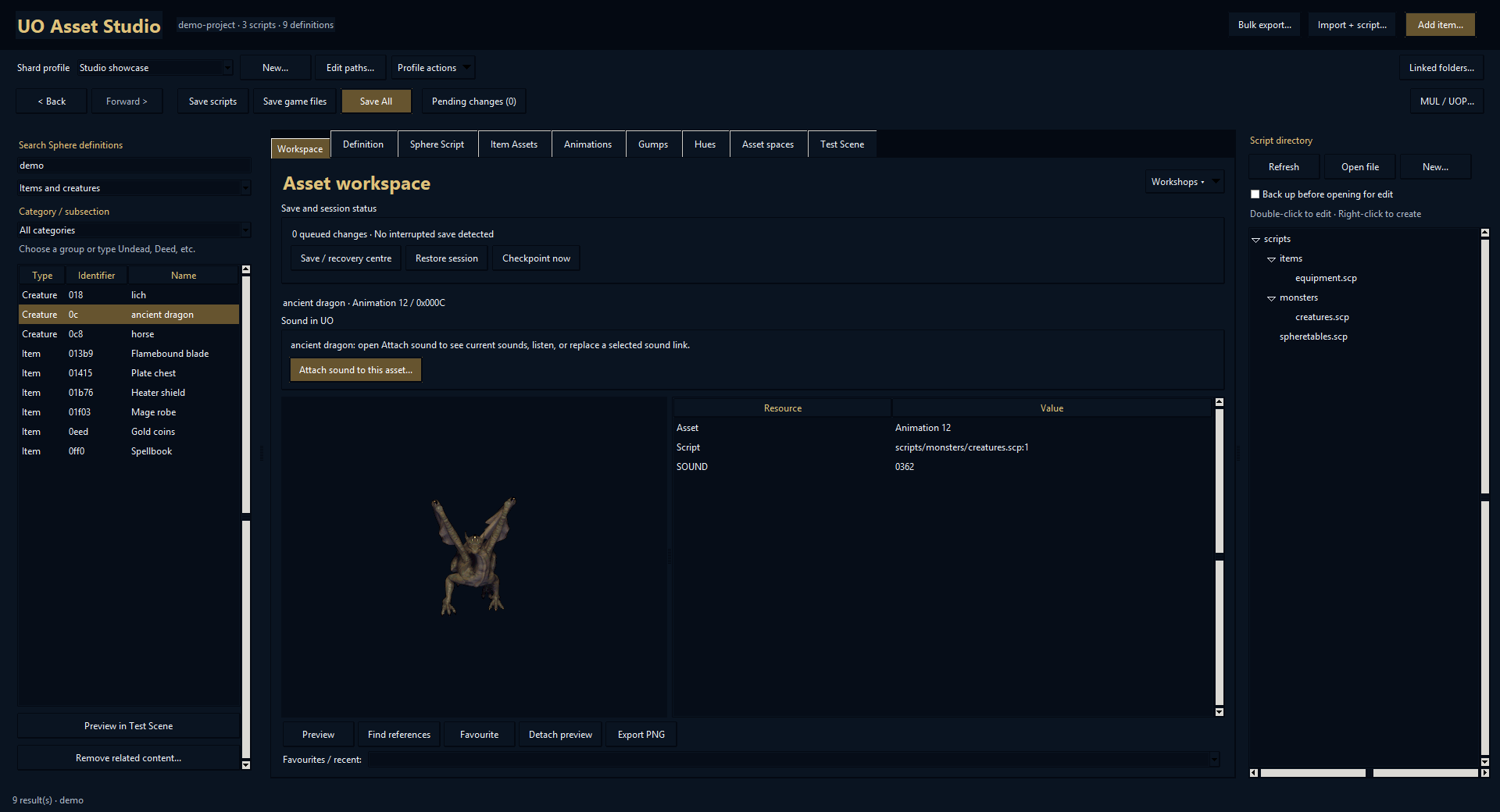 UO Asset Studio connected workspace with a dragon preview