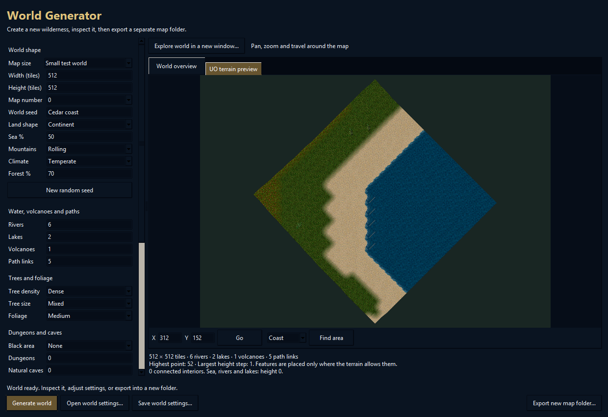 Generated shoreline and Find area controls