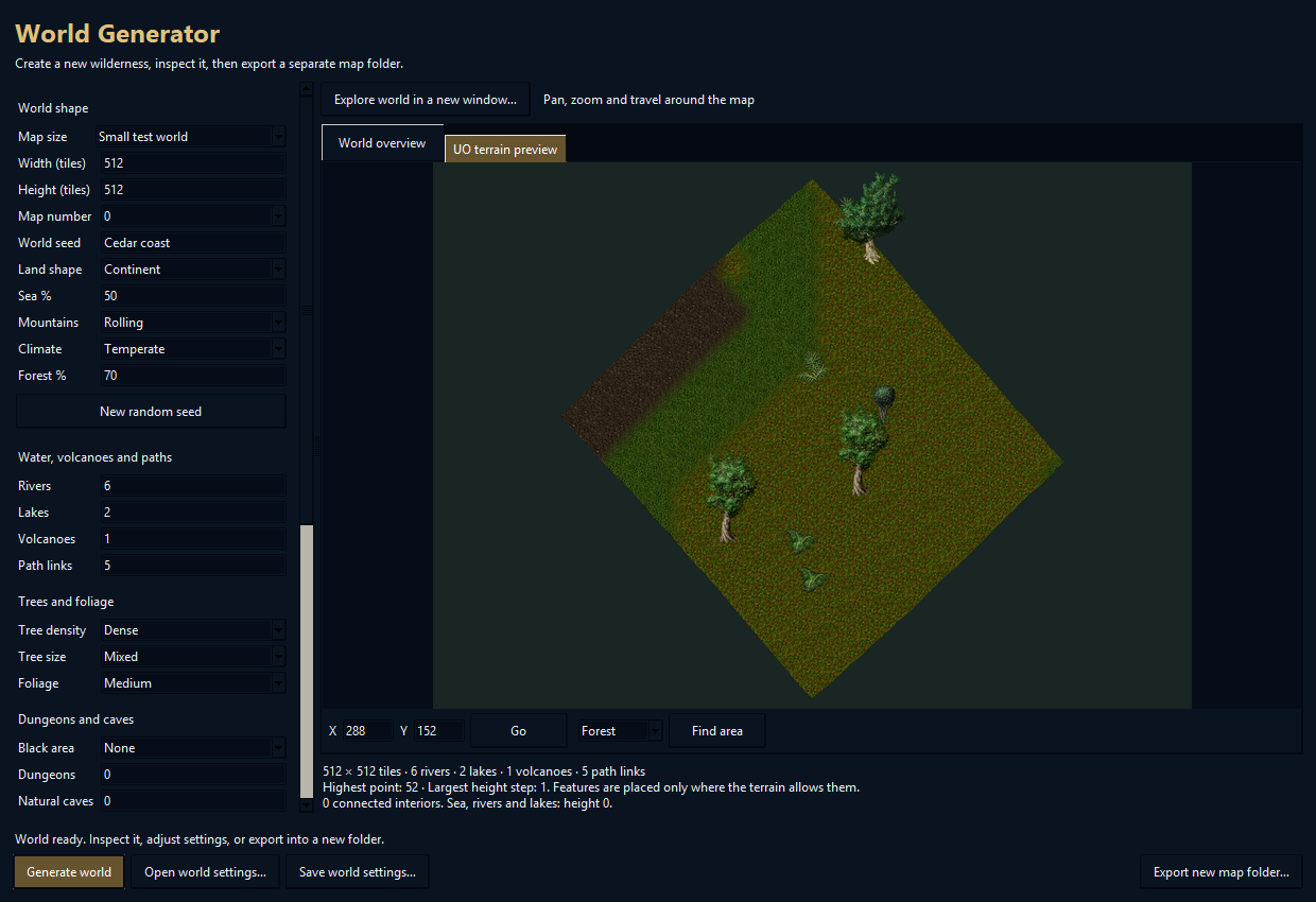 Generated forest with spaced tree trunks and canopies